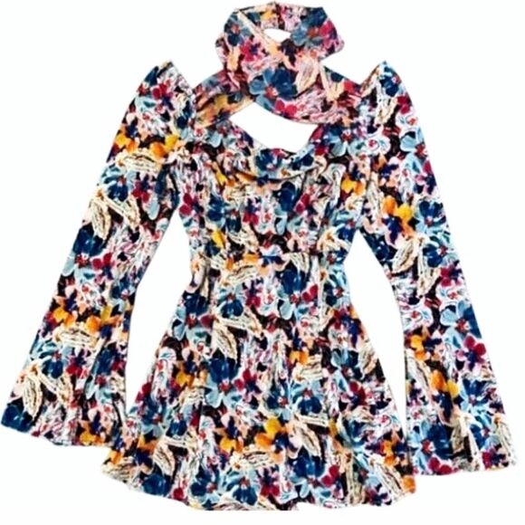 For Love & Lemons Blake Floral Cutout Mini Dress Multi M Long Sleeve Statement - Picture 1 of 16